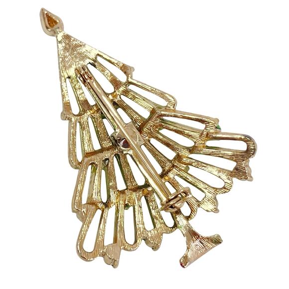 Vintage Christmas Tree Brooch Gold Tone Enamel Red Rhinestones Mid Century Retro - Picture 7 of 9